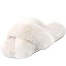 Women's Cross Band Slippers Fuzzy Soft House Slippers Plush Furry Warm Cozy Open Toe Fluffy Home Shoes Comfy Winter Indoor Outdoor Slip On Breathable, Cream, 9-10