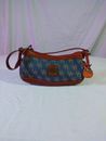 Vintage Dooney and Burke Blue And Brown Canvas And Leather Slouch Handbag