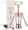 Wine Bottle Opener Wing Corkscrew, Godmorn Rose Gold Beer Bottle Opener with Wine Pourer, Cute Stainless Steel Winged Corkscrew, Pink Cork Screw Wine Accessories For Kitchen Bars Mothers Day Gift