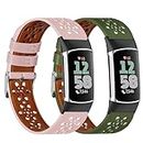 Dailatu 2 Pack Leather Bands Compatible with Fit Bit Charge 6/Charge 5 for Women Men，Floral Hollow-Out Replacement Wristbands for Fit Bit Charge 5/Charge 6 Fitness Tracker