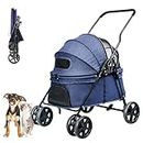 Nastarki Carrito para Mascotas Cochecito Plegable Perros Gatos con Cuatro Ruedas Cesta de Almacenaje y Portavasos Pet Stroller Carrito para Animales de 15 kg Como Máximo (Azul)