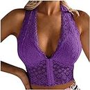 oelaio Sexy Lingerie for Women Plus Size Lace Harness Bra Bralette Ladies Wireless Halter Bra Floral Crop Top Purple