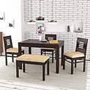 FURNESHO Solid Sheesham Wood Dining Room Sets 4 Seater Dining Table with 3 Chairs & 1 Bench for Dining Room, Living Room, Kitchen, Hotel, Restaurant, Cafeteria (Standard, Honey Finish) (WALNUT FINISH)