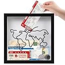 Adventure Archive Box Frame, 8x8 Inch Travel Ticket Storage Shadow Box with Slot for Keepsakes Display, Memory Booth with World Map and Plane Design for Souvenir Postcard Cash Cards