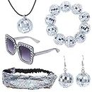 5 Pieces 1970s Disco Accessories Disco Set Ball Earrings Necklace Bracelet Bling Headband and Sunglasses for Women