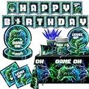 Video Game Birthday Party Supplies,142pcs Neon Video Gaming Plates and Napkins Tableware Set Plastic Tablecloth for Boy Gamer Party Supplies Birthday Decor