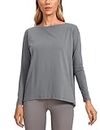 CRZ YOGA Long Sleeve Pima Cotton Workout Shirts for Women -Casual Loose Fit Yoga T-Shirt Boat Neck Sports Top Lava Smoke Grey Small