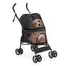 MoNiBloom 4 Wheels Pet Stroller, Easy-Fold Puppy Cage Jogger Stroller with Sun Cover, Pad and Rear Storage Bag, Breathable and Visible Mesh for Small/Medium Pets up to 22 lbs, Balck