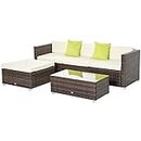 Outsunny 5 Pieces PE Rattan Garden Furniture Set with Cushions, Outdoor Corner Sofa, Patio Sectional Conversation Furniture Sets with Glass Top Coffee Table, Brown