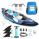 BRIGHT BLUE Inflatable Touring White Water Paddling Kayak 1-2 Persons sit-on with Paddles,Hand Pump,Backpack,Fins