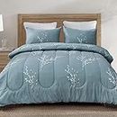 Exclusivo Mezcla 3-Piece Floral Queen Comforter Set, Microfiber Bedding Down Alternative Comforter for All Seasons with 2 Pillow Shams, Blue