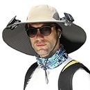 Wide Brim Solar Fan Outdoor Fishing Hat-Solar & USB Chargin, Men Sun Hat with 2 Solar Fan (Khaki,One Size)