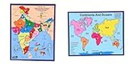 DgCrayons Wooden Combo India Map with State & Continents and Oceans Map Tray Jigsaw Puzzle with Knobs for Best Gift for Kids and Home Office Décor Age 5+ Size 12 X 15 Inch