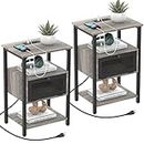 Grey Nightstand Set of 2 with Charging Station for Bedroom Living Room Side Table with Storage Drawer Modern Bedside Table with USB Ports and Outlets for Farmhouse Small Space