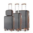 Kono Fashion Luggage Set of 4 PCS Lightweight ABS Hard Shell Trolley Travel Case with TSA Lock and 4 Spinner Wheels 12" 20" 24" 28" Suitcase (4 Pcs Set, Grey/Brown)