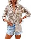 OMSJ Women's Striped Button Down Shirts Casual Long Sleeve Stylish V Neck Blouses Tops with Pockets (L, Brown)