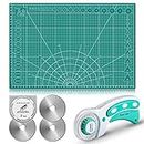 Miuzei Self-Healing Cutting Mat with Rotary Cutter, A3 Crafting Cutting Mat Cutting Board, 3-Layer PVC Double Sided Mat with 45mm Fabric Cutter for Cutting/Sewing/Crafts/Quilting (Green)