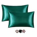 ZHTC Set of 2 Handcrafted Satin Silk Pillow Cover for Hair and Skin with Set of 3 Multi Color Satin Soft Scrunchies |Satin Pillow Covers with Envelope Closure | Best Gift Pack (Green)