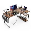 BEXEVUE Computer Desk with Power Outlets, 40 Inch L Shaped Desk with Reversible Shelves, Gaming Desk Study Work Desk for Home Office Bedroom Small Space, Rustic Brown