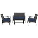 DORTALA 4 Piece Wicker Patio Furniture Set, Outdoor PE Rattan Conversation Sets with with Chairs, Loveseat & Tempered Glass Coffee Table for Poolside, Courtyard, Balcony, Navy Blue