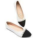 BABUDOG Women's PU Leather Flats Shoes,Black and White Dress Shoes,Crimping Faux Suede Pointed-Toe Flats(White.US7)