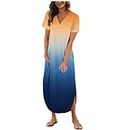 Women's Summer Casual Short Sleeve Crewneck Swing Dress Flowy Tiered Maxi Beach Dress with Pockets ySM4 M