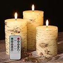Eywamage Birch Bark Flameless Pillar Candles with Remote, Flickering Flat Top LED Wax Candles Battery Operated Set of 3