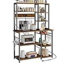 SUPERJARE Large Bakers Rack with Power Outlets, 6-Tier Microwave Stand, Coffee Bar with 12 S-Shaped Hooks, Kitchen Shelf with Wire Basket, 39.3 x 15.5 x 66.9 Inches, Rustic Brown