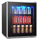 COSTWAY 46L Mini Fridge, 60 Can Quiet Frost Free Fridge with LED Light, 2 Adjustable Removable Shelves, Glass Door and Temperature Control, Table Top Wine Beverage Drink Cooler for Bedroom Hotel