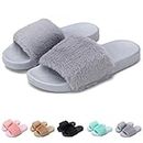 PESTOR Women's Fuzzy Slippers Open Toe Slide Slippers Faux Fur Fluffy Flats for Indoor/Outdoor/House/Bedroom (Grey, numeric_7.5)