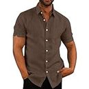 VANVENE Camisas de lino para hombre, camisas de manga corta con botones, de algodón, para verano, casual, ajuste holgado, café, XL