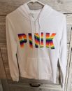 Victoria’s Secret PINK Full Zip White Hoodie Size XS Rainbow Stripe Logo NWT