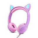 Olyre Kids Headphones for Girls, Safe 85db Volume Control Light Up Cat Ear Headphones, On-Ear LED Children Headphones for School Learning Travel - Purple/Pink
