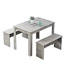 Huisen Furniture Wooden Dining Table and 2 Benches Grey for Kitchen 3 Piece Small Dinette Table and Chairs Set with 4 People Small Apartment