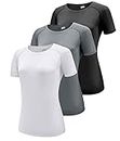 Boyzn 3 Pack Workout Shirts for Women, UPF 50+ Sun Protection Short Sleeve Running T-Shirts, Moisture Wicking Athletic Gym Yoga Shirts Tops Black/White/Grey-3P11-M