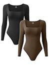 OQQ Women's 2 Piece Bodysuits Sexy Ribbed One Square Neck Long Sleeve Bodysuits, Black Coffee, Small OQ147