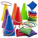 Prextex 3-in-1 Yard Game Set - Ring Toss Set, Bean Bag, Cones | Lawn, Street, Pool, Garden Games | Sports Day Kit Equipment, Party/Gift Bag | Birthday, Christmas, Halloween, Easter Games | Kids&Adults
