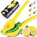 Zulay Metal 2-In-1 Lemon Squeezer Manual - Sturdy, Max Extraction Hand Juicer Lemon Squeezer Gets Every Last Drop - Easy to Clean Manual Citrus Juicer - Easy-to-Use Lemon Juicer Squeezer-Yellow/Green