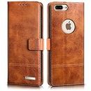 WOW IMAGINE Shock Proof Hand Stitched Luxury Premium Flip Cover Case for Apple iPhone 7 Plus | 8 Plus (Flexible | Leather Finish | Card Pockets Wallet & Stand | Tanned Brown)