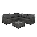Panana Rattan Furniture Set 5 Seater Lounge Corner Sofa Set with Table Stool and Cover Garden Patio Conservatory Outdoor Mixed Grey Wicker with Grey Cushions