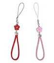 ONCRO Pack of 2 Red and pink Flower Shape pendant Nylon Braided and leather hand strap lanyard phone charm cute aesthetic wrist hanging rope thread for Cameras keys pen drive accessories
