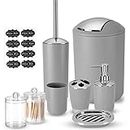 Fixwal Bathroom Accessories Set, Plastic Gift Set Includes Trash Can, Toothbrush Holder and Cup, Soap Dispenser and Dish, Toilet Brush and 2 Qtip Holder with Labels (Gray), 8 Piece