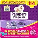 Pampers Progressi & Fit Prime Junior, Formato Scorta, 114 Pannolini, Taglia 5 (11-25 Kg), 1 mese di palestra online in omaggio
