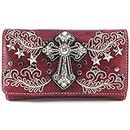 Justin West Cross Western Floral Damask Embroidery Studs Stars Concealed Carry Handbag Purse, Red Wallet Only, Large