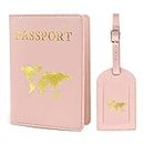AZWOOD Passport Cover and Luggage Tag Set, 1 Piece Passport Protective Cover + 1 Piece Luggage Tag, Faux Leather Passport Cover for Credit Cards, ID and Travel Documents (Pink)