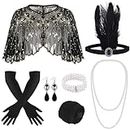 ELECLAND 10 Pieces 1920s Flapper Great Accessories Set Fashion Roaring 20's Theme Set with Headband Headpiece Long Black Gloves Necklace Earrings for Women (Black Gold)