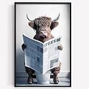 Rc6on Funny Highland Cow Wall Art Canvas in Bathroom Picture, Humor Animals Artwork Prints, Rustic Farmhouse Styles Decor for Living Room, , Bedroom, Kids (12x18inch, Unframed)