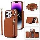 Furiet Wallet Case for iPhone 12 Pro iPhone12 6.1 Leather Clasp Flip Zipper Purse Case with Shoulder Strap Credit Card Holder Cell Accessories Phone Cover for iPhone12pro 5G i 12s 12pro Women Brown