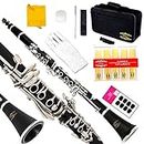 Glory B Flat Clarinet with Second Barrel, 11reeds,8 Pads Cushions,case,carekit and More Black/silver Keys