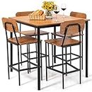 Giantex 5-Piece Dining Bar Table Set, 4 Person Kitchen Breakfast Table Set with Steel Frame, Industrial Counter Height Table Set, Dining Table and Chair Set for Home, Restaurant & Cafe (Walnut)